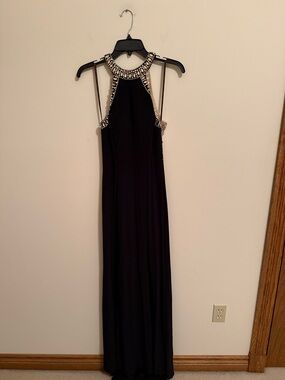 Camille La Vie Black Jeweled Halter Prom Gown